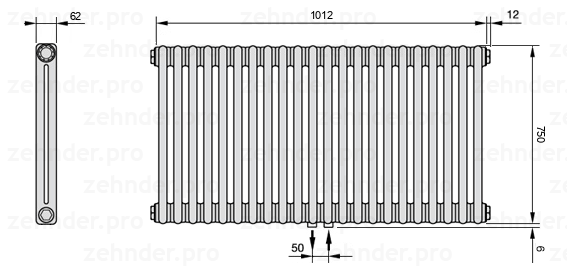 Схема (чертеж) Радиатор Zehnder Charleston 2075/22 №5410 Белый глянцевый RAL 9016